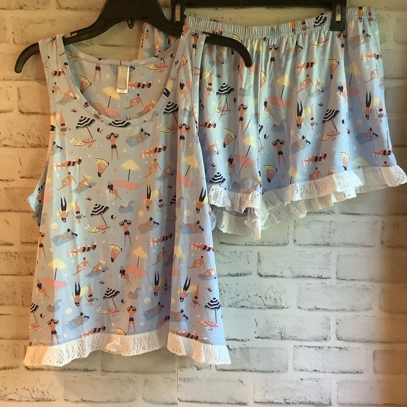 PJ COUTURE 2pc Women’s Large Beach Print Ruffle Pajama Set - Picture 3 of 9